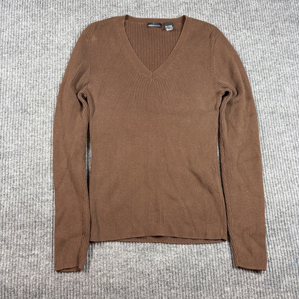 Moda International Shirt Womens L Brown Ribbed V-Neck Cotton Sweater Long Sleeve